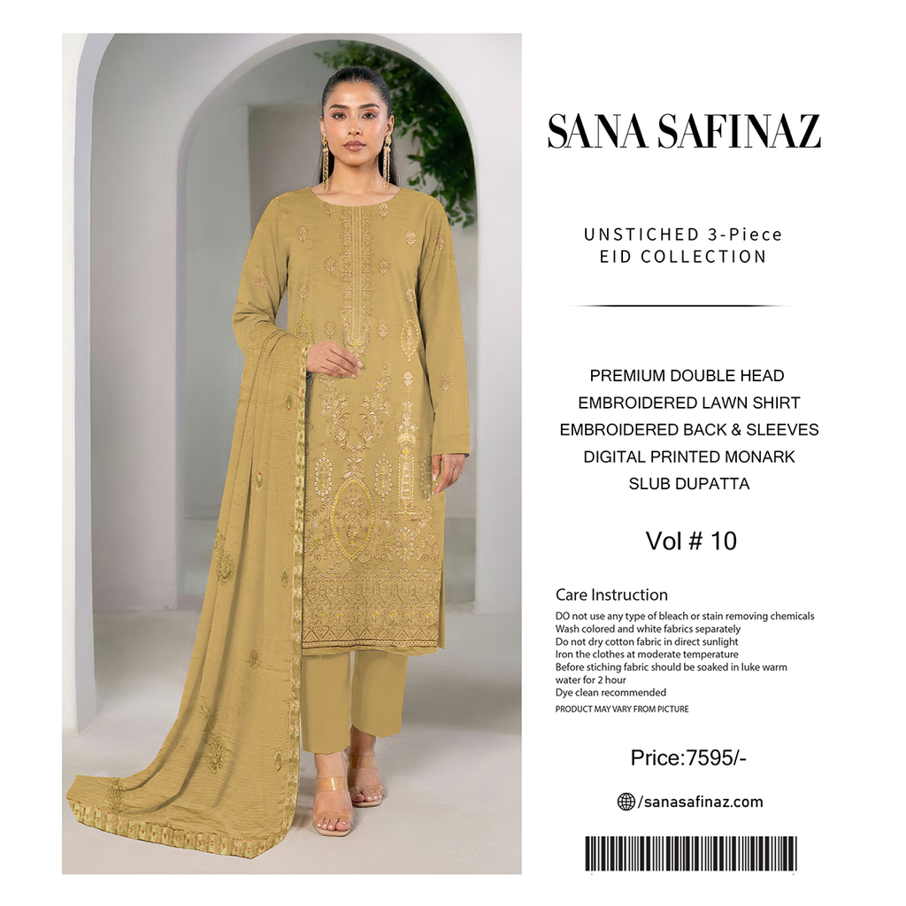 Woman wearing a Sana Safinaz embroidered outfit with text on a white background