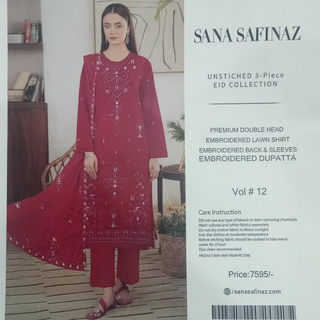 Woman wearing a red embroidered outfit with 'Sana Safinaz' branding on the right side.