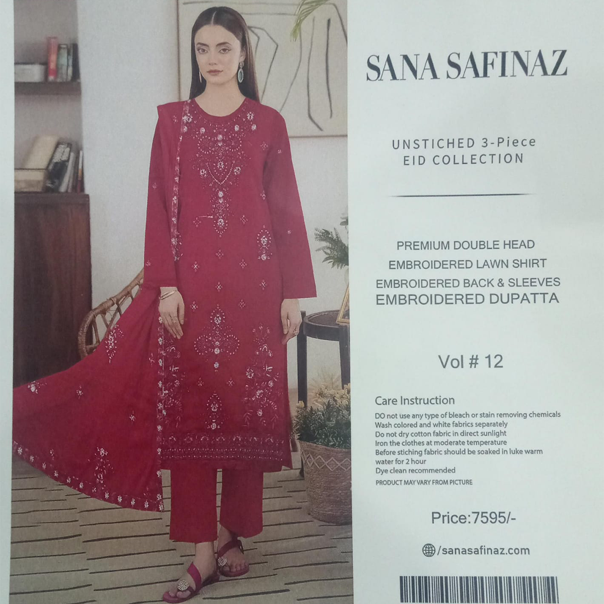 Woman wearing a red embroidered outfit with 'Sana Safinaz' branding on the right side.