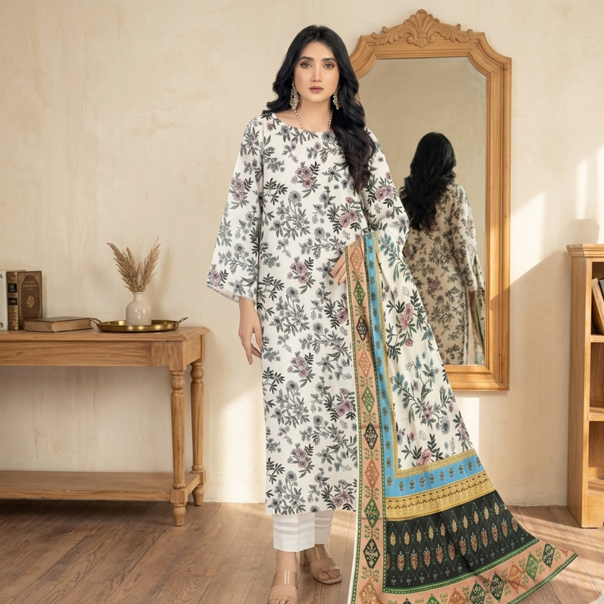 3 Piece Lawn Suit-Printed White and Black Cross Stitch 