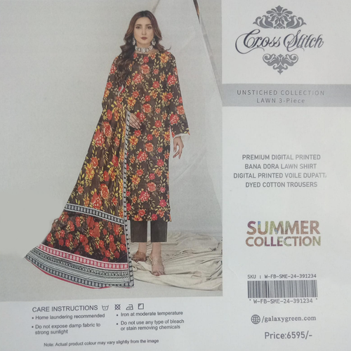 Unstitched collection of a woman wearing a floral dress with packaging details on a white background
