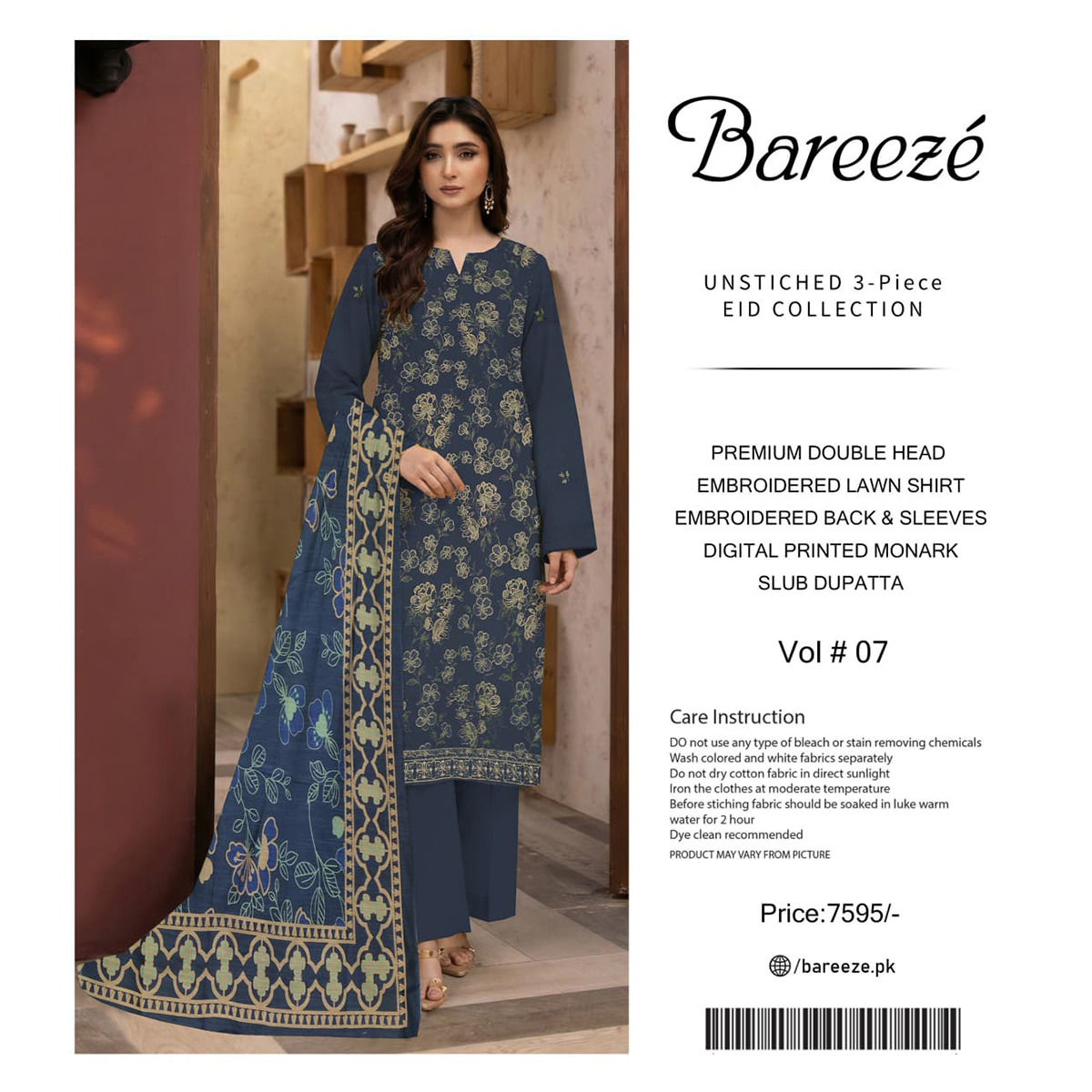 Woman wearing a blue embroidered outfit with 'Bareezé' branding on the right.