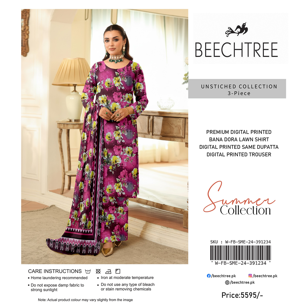 Woman wearing a floral outfit with 'Beechtree' branding on a white background