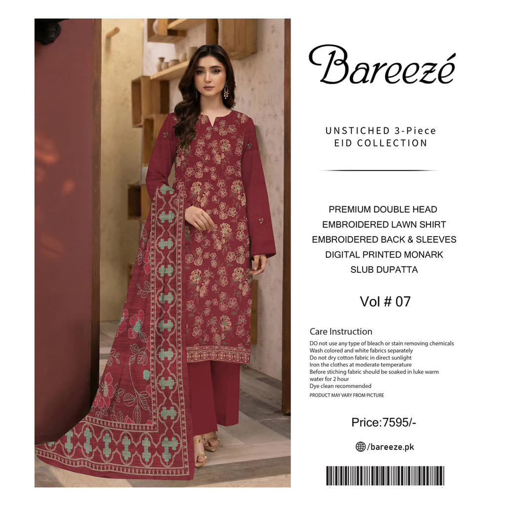 Woman wearing a maroon embroidered outfit with 'Bareezé' branding on the right.