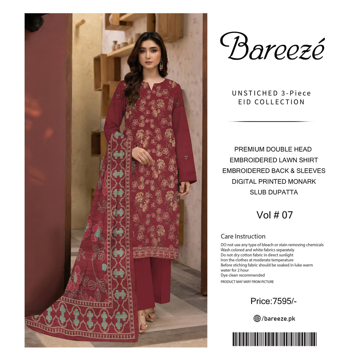 Woman wearing a maroon embroidered outfit with 'Bareezé' branding on the right.
