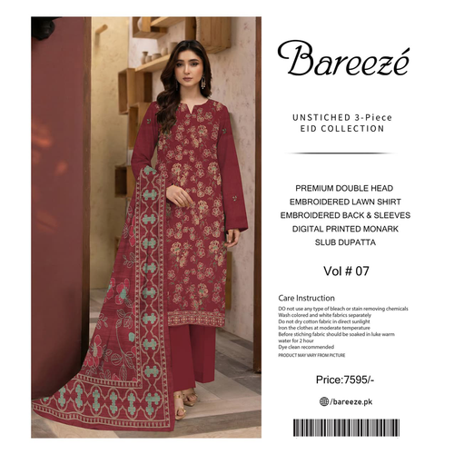 Woman wearing a maroon embroidered outfit with 'Bareezé' branding on the right.