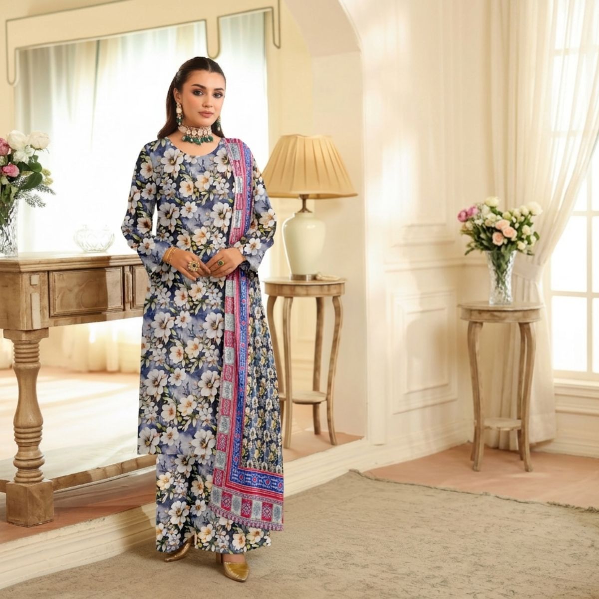 Woman in a floral dress standing in a well-lit room with decorative elements.