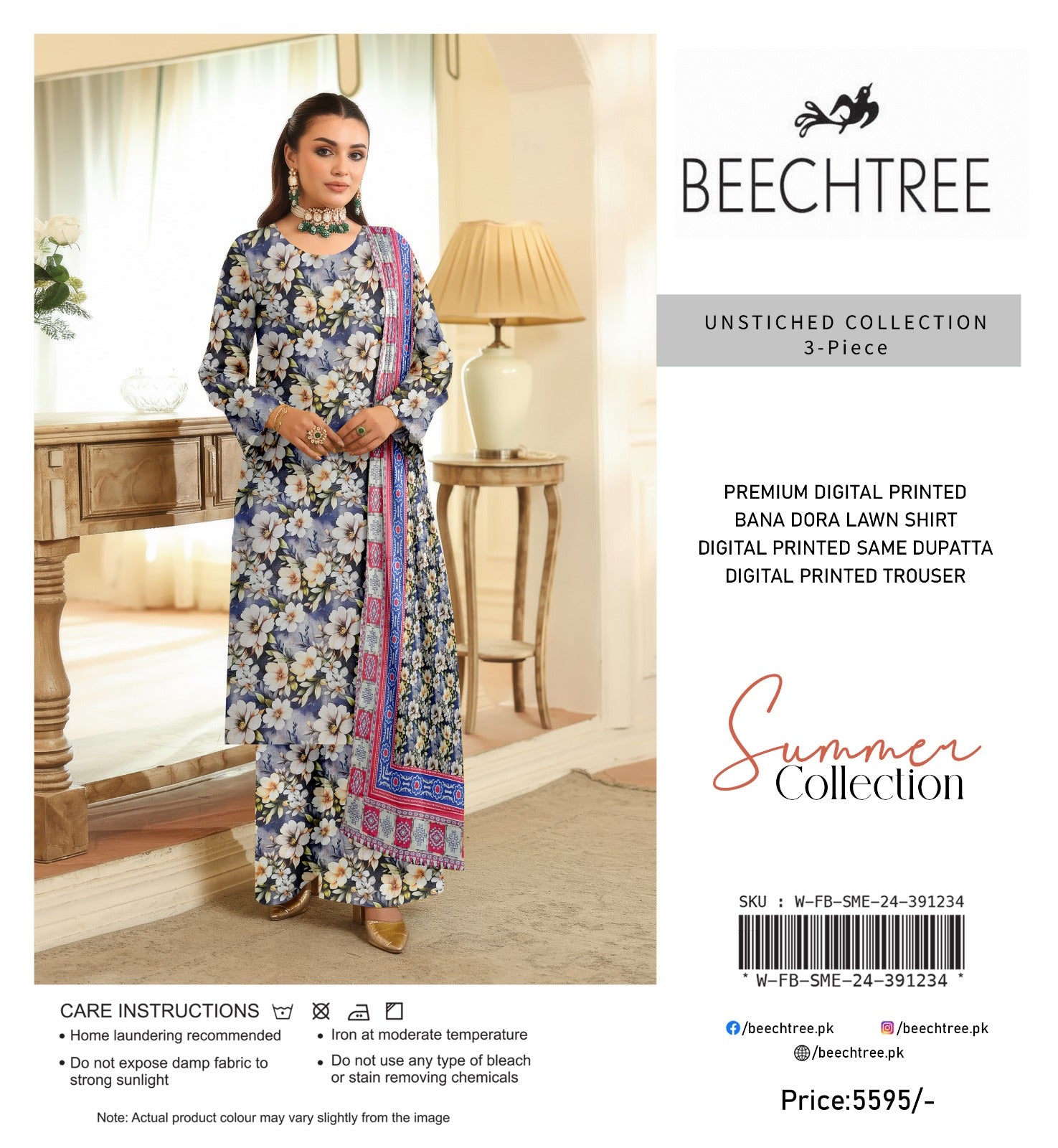 Woman wearing a floral dress with a dupatta in a room setting, featuring Beechtree branding.