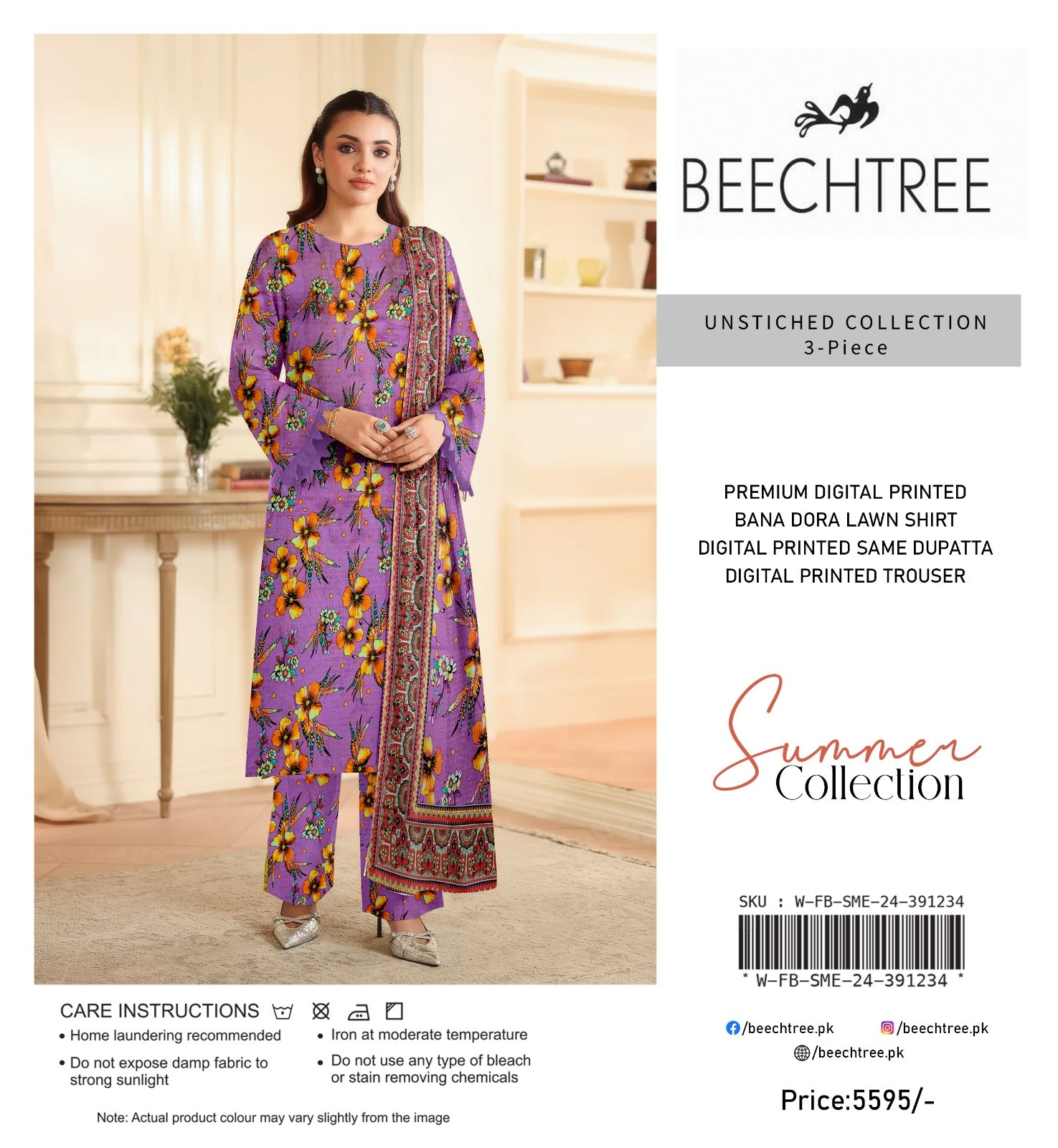 Woman wearing a purple floral outfit with 'Beechtree' branding on a white background.