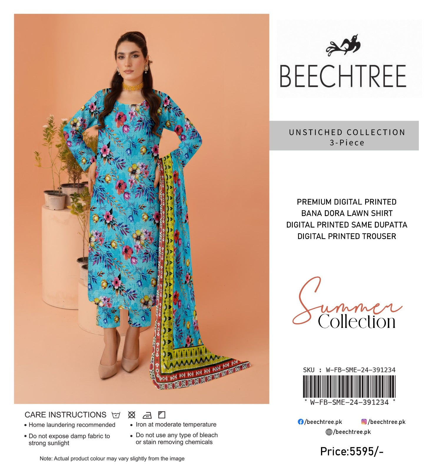 Woman wearing a colorful outfit with a 'Beechtree' label on a peach background