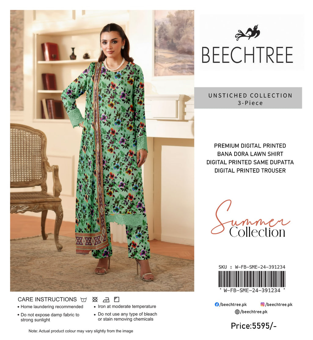 Woman wearing a floral outfit with 'Beechtree' branding on a product display.