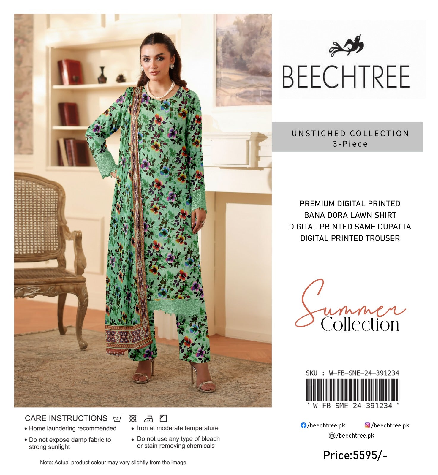 Woman wearing a floral outfit with 'Beechtree' branding on a product display.