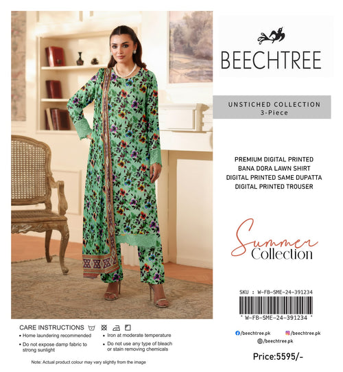 Woman wearing a floral outfit with 'Beechtree' branding on a product display.