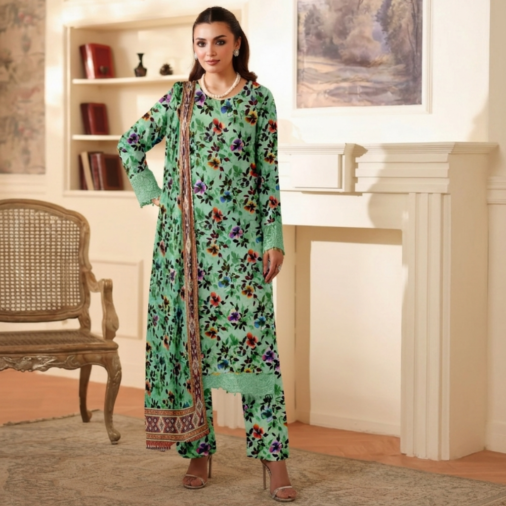 Woman wearing a green floral traditional outfit in a room with a fireplace and chair.