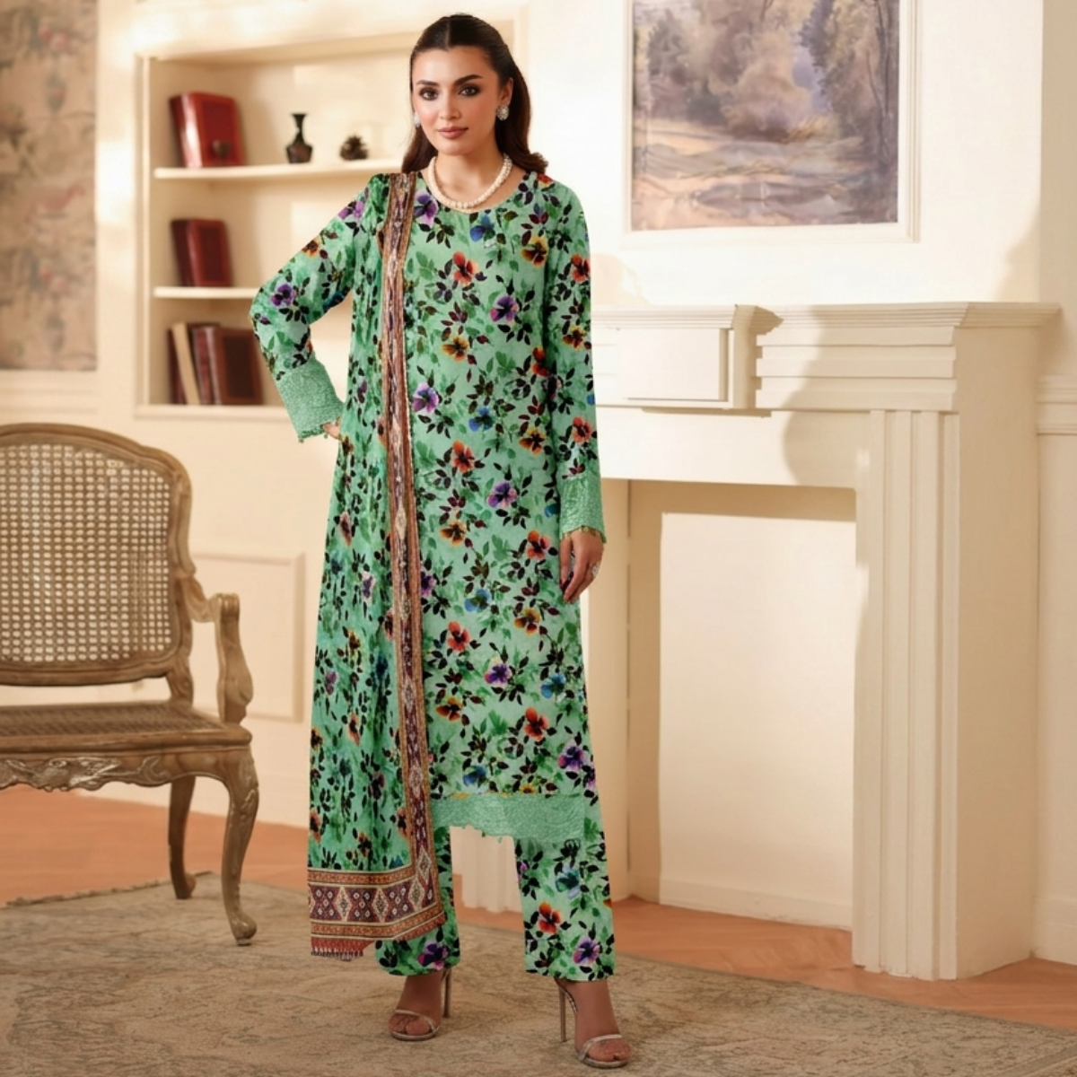 Woman wearing a green floral traditional outfit in a room with a fireplace and chair.