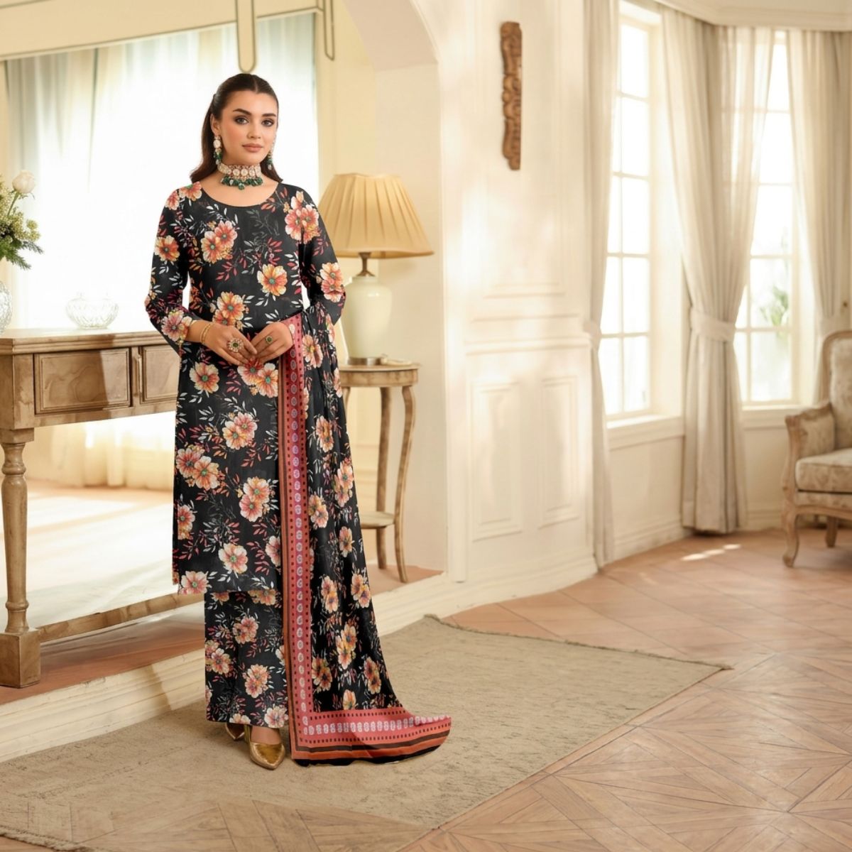 Woman in a floral dress standing in a well-lit room with large windows.