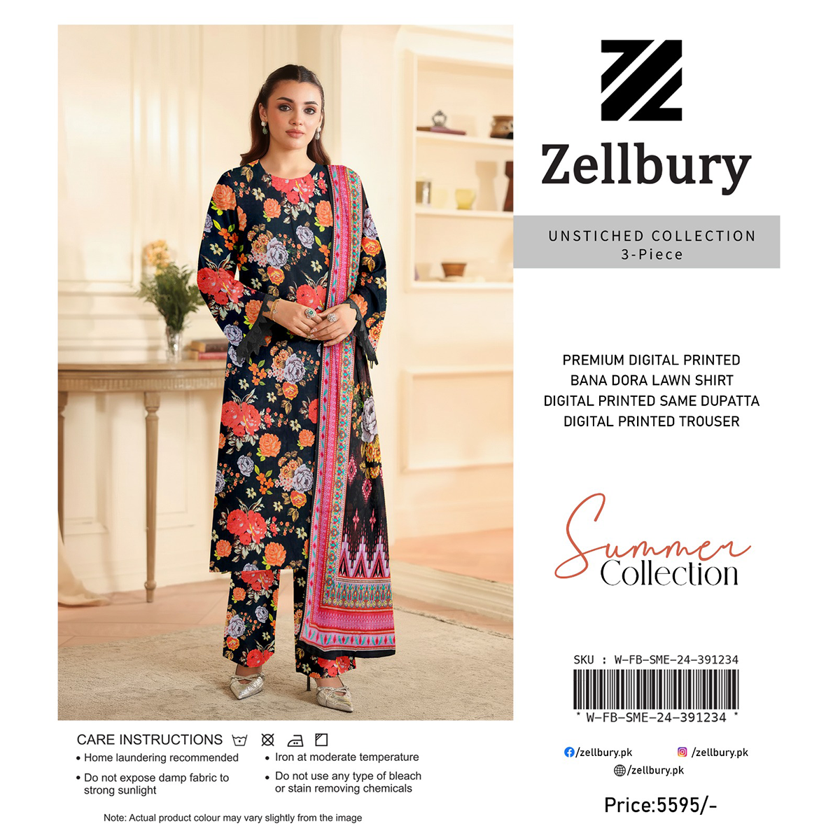 Woman wearing a floral outfit with Zellbury branding on a white background