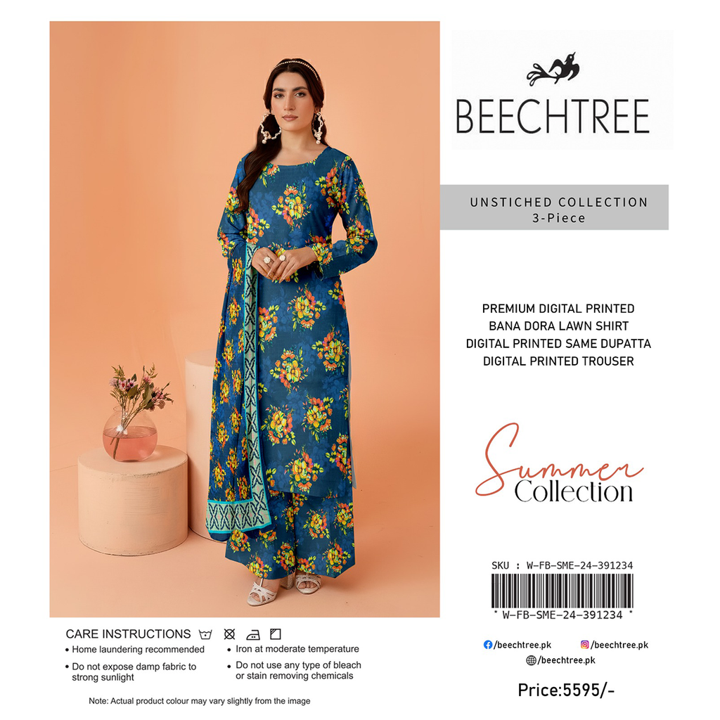 Woman wearing a floral dress with a matching dupatta on an orange background, featuring the Beechtree brand.