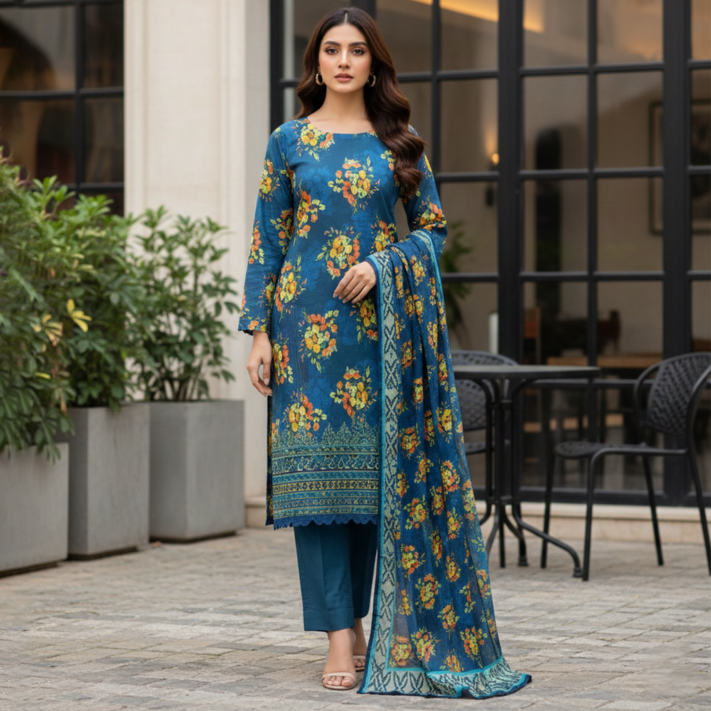 Woman wearing a blue floral dress standing outdoors.