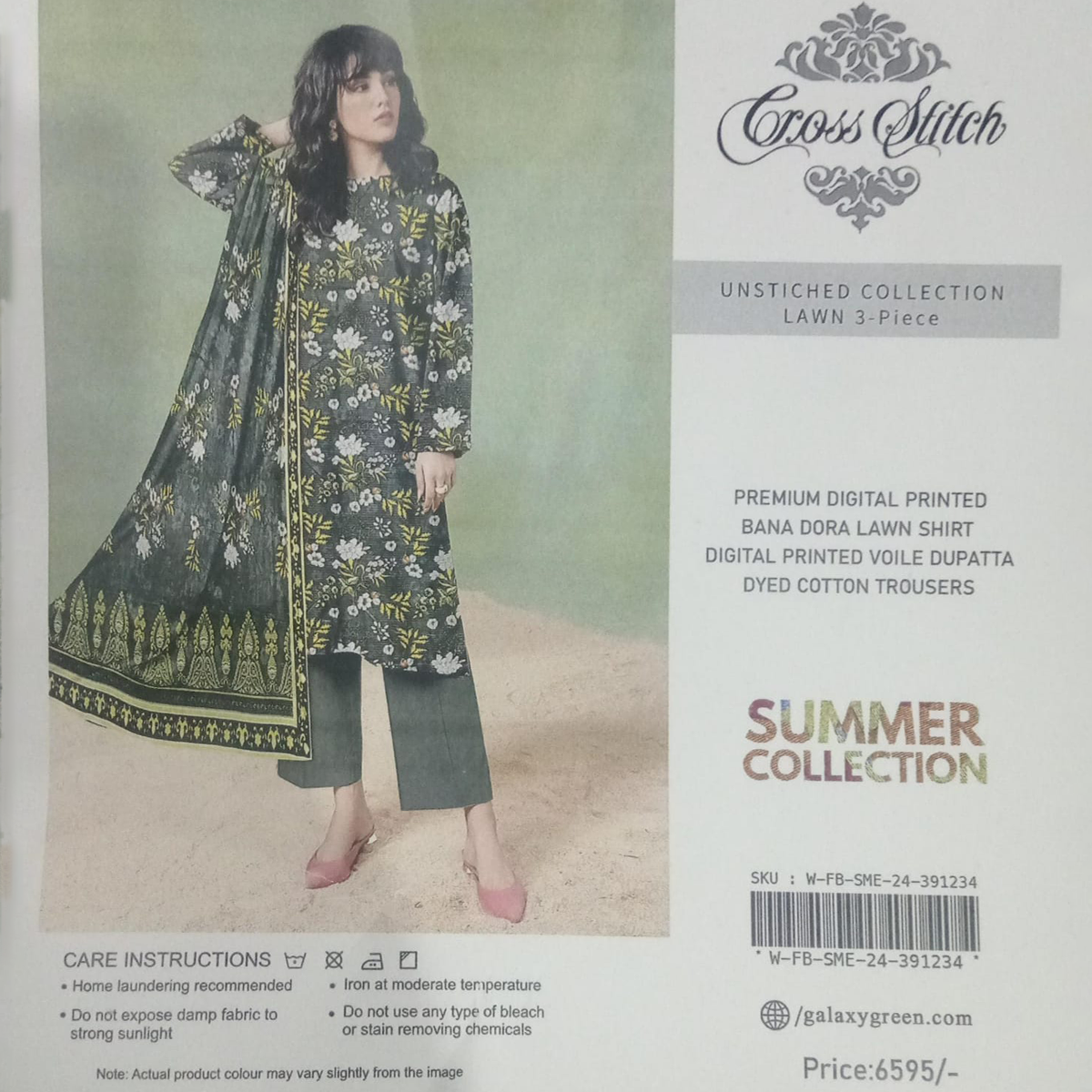 Woman wearing a floral dress with a dupatta, promotional poster for 'Cross Stitch' Unstitched Collection Lawn 3-Piece Summer Collection.