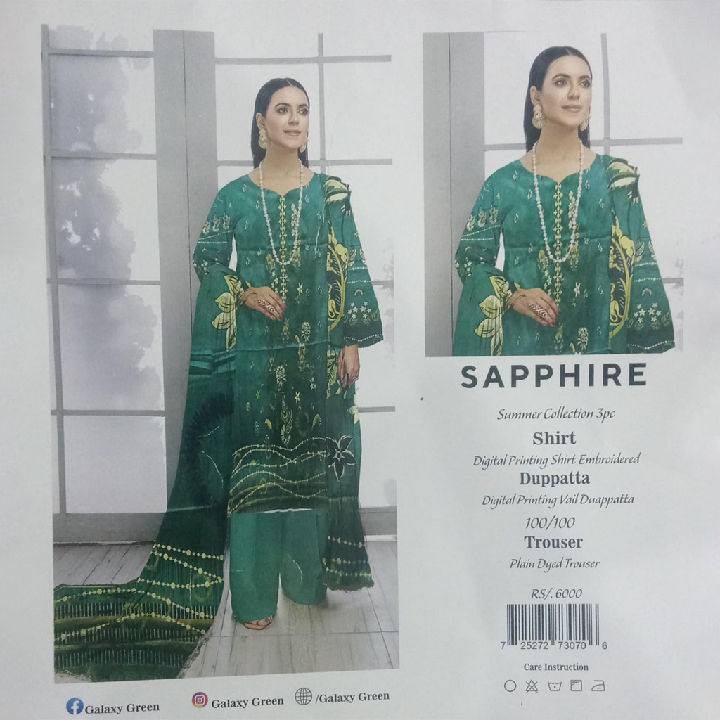 Green embroidered outfit with 'Sapphire' branding on a white background