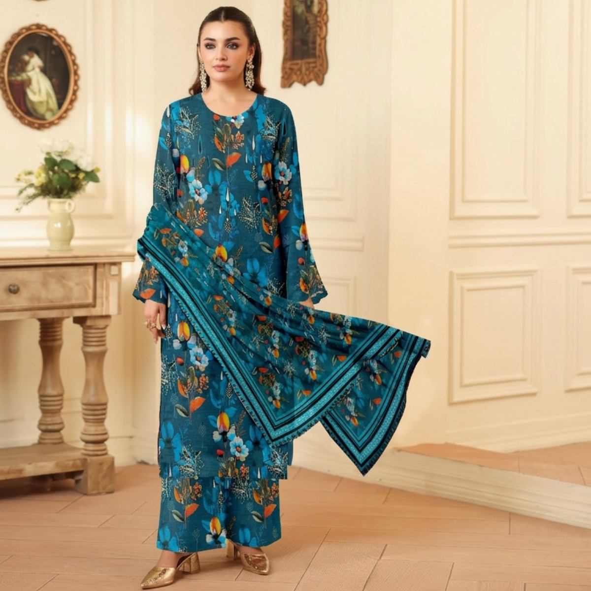 Woman wearing a blue floral traditional outfit in an elegant room.