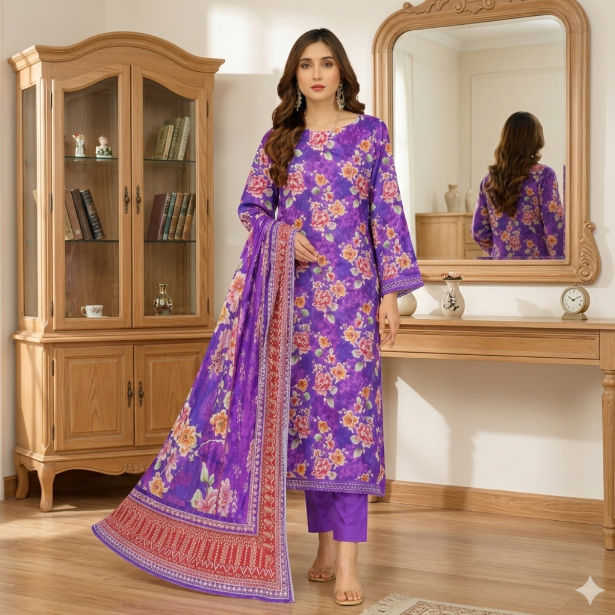Woman wearing a purple floral traditional outfit with a matching dupatta on a white background