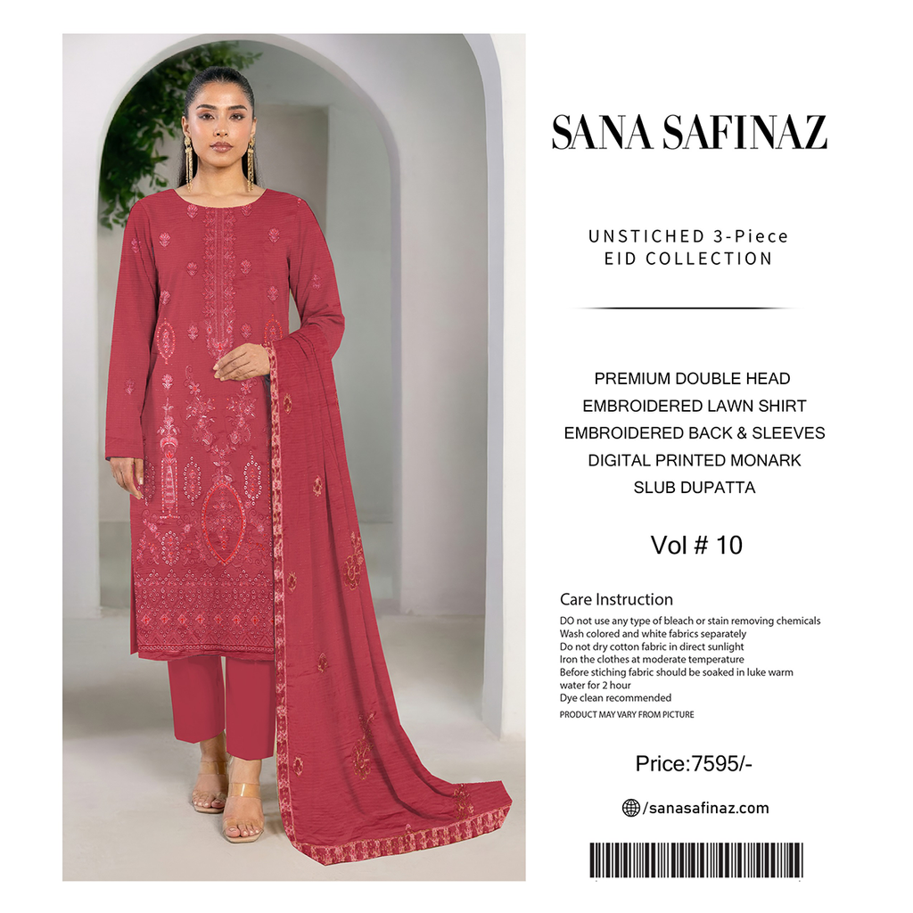 Woman wearing a red embroidered outfit with 'Sana Safinaz' branding on a white background.