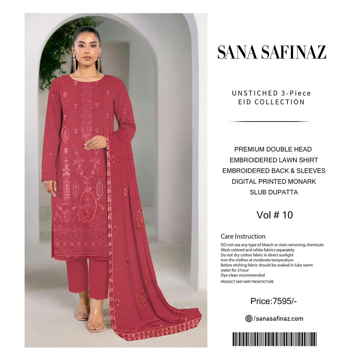 Woman wearing a red embroidered outfit with 'Sana Safinaz' branding on a white background.