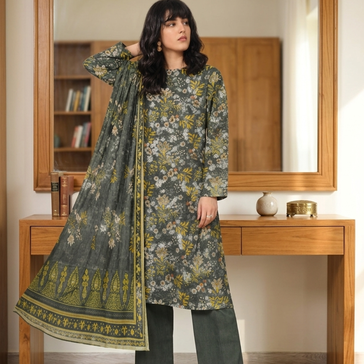 Woman wearing a floral dress with a matching dupatta in a room setting.