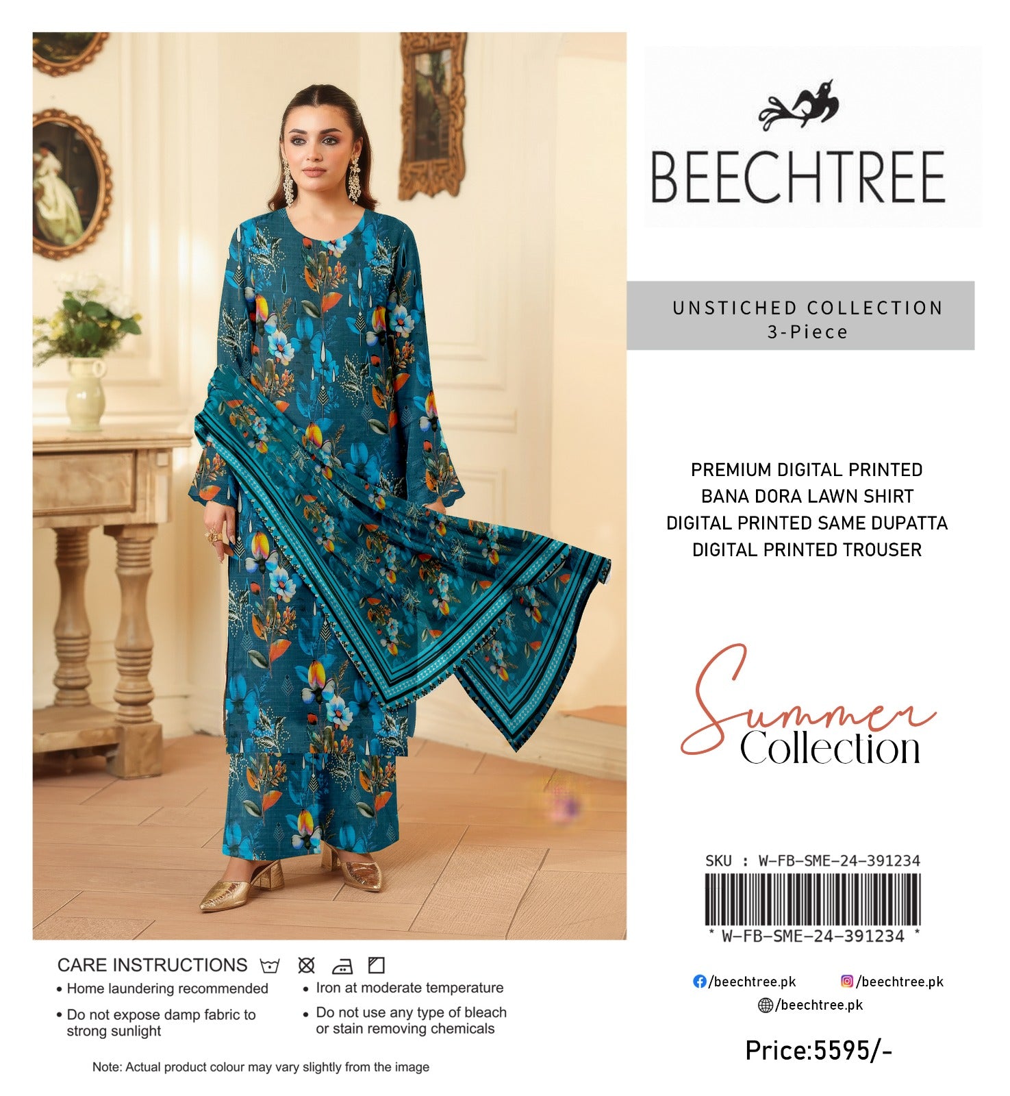 Woman wearing a blue floral outfit with 'Beechtree' branding on a white background.