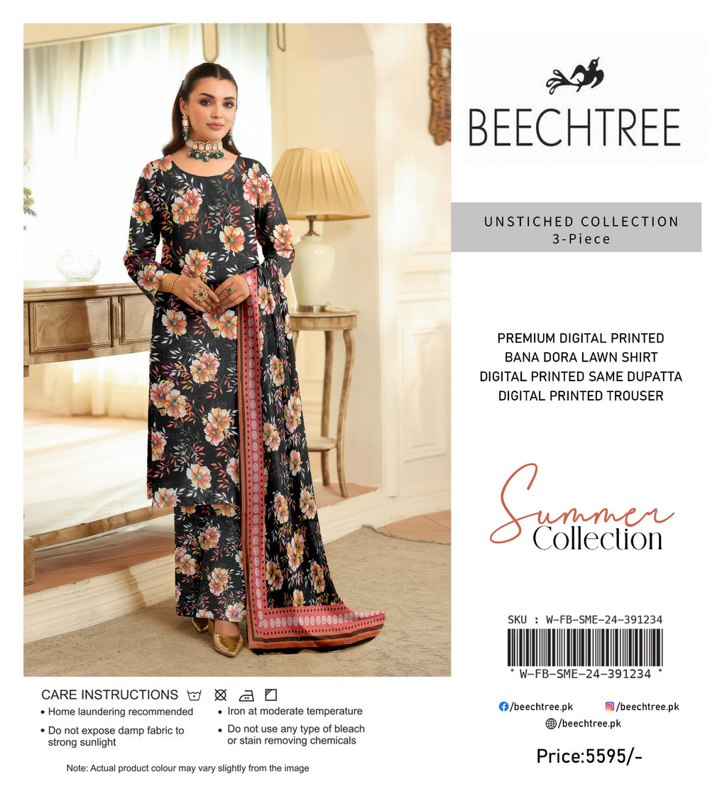 Woman wearing a floral outfit with 'Beechtree' branding on a lifestyle background