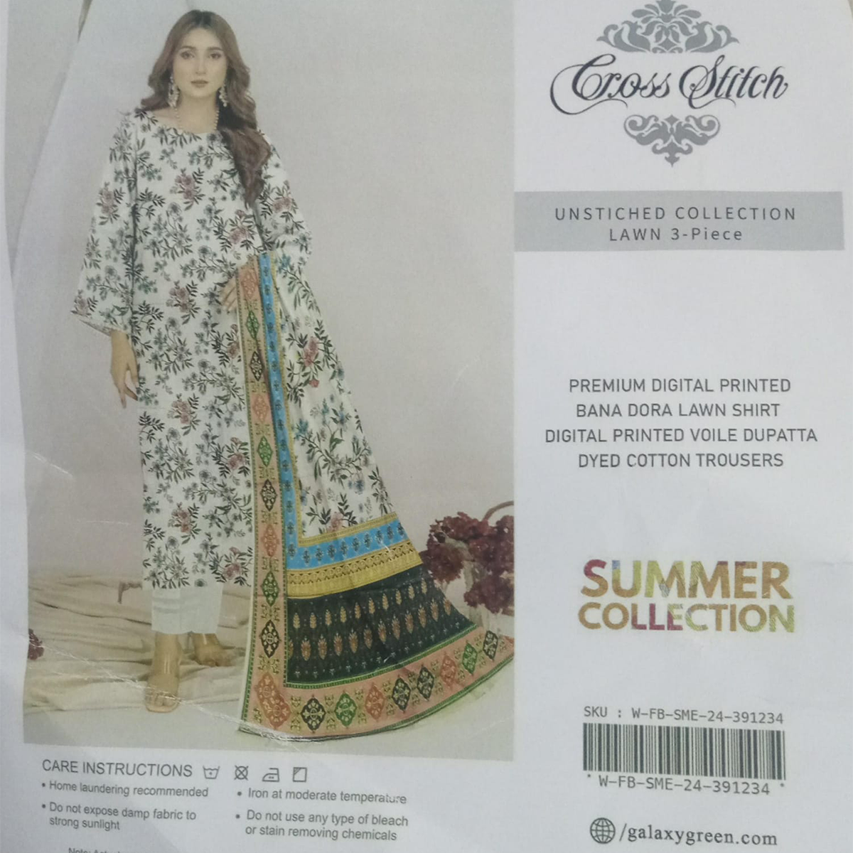 Unstitched collection of a 3-piece Lawn outfit with a model wearing it, branded 'Cross Stitch'.
