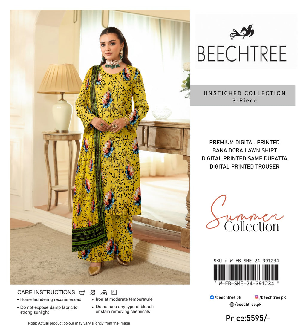 Woman wearing a yellow floral dress with a room interior background, featuring Beechtree branding.