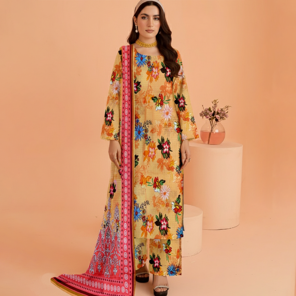 Woman wearing a floral dress with a pink dupatta against a peach background