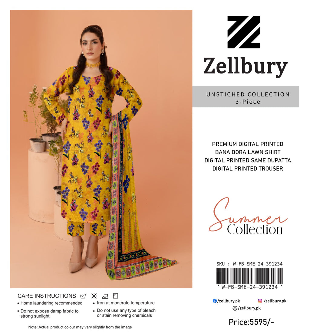 Zellbury unstitched collection with a woman wearing a yellow floral dress on a peach background.
