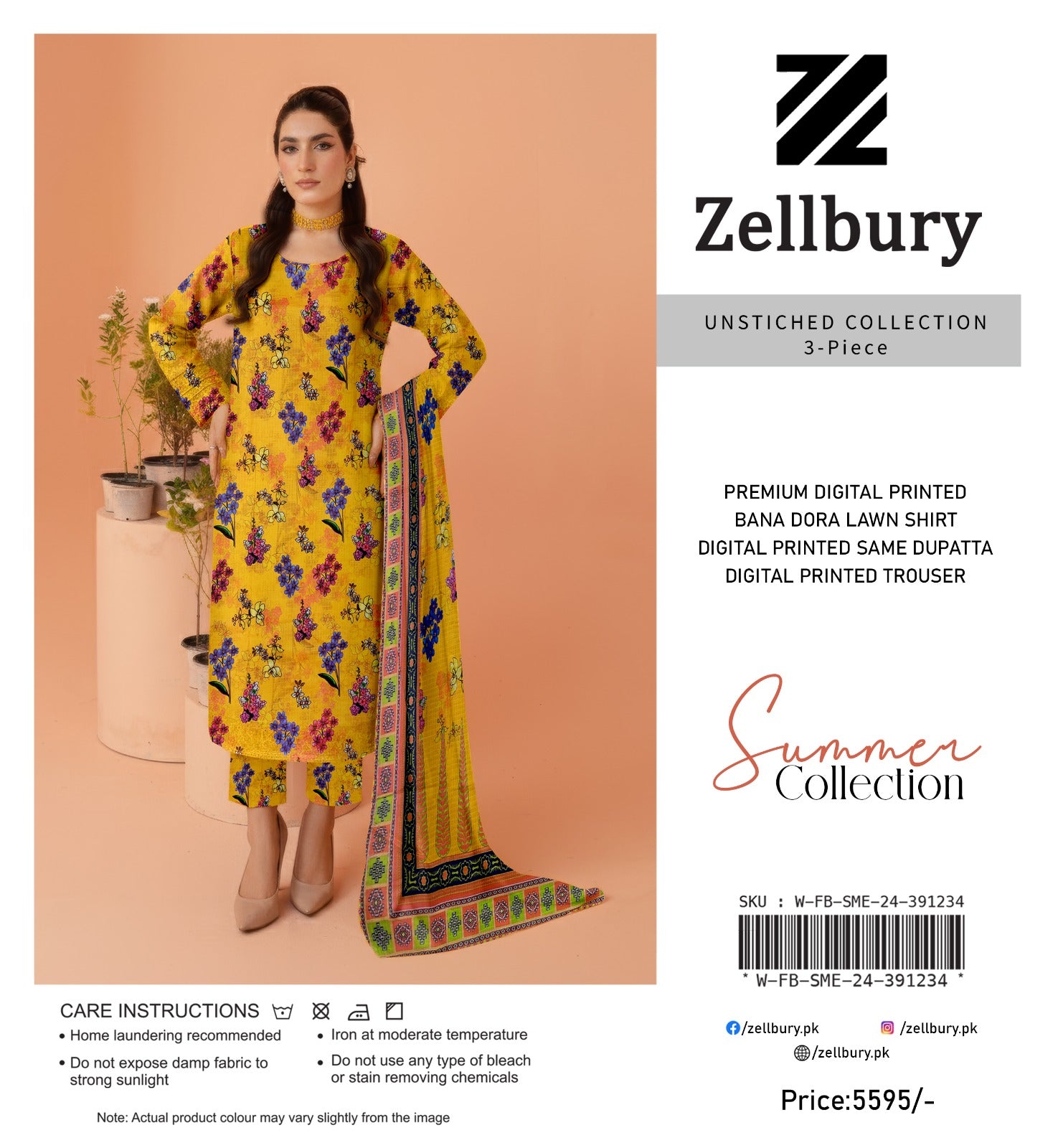 Zellbury unstitched collection with a woman wearing a yellow floral dress on a peach background.