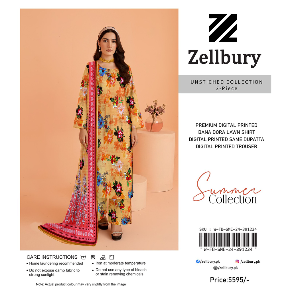 Woman wearing a floral dress with a dupatta, Zellbury branding visible