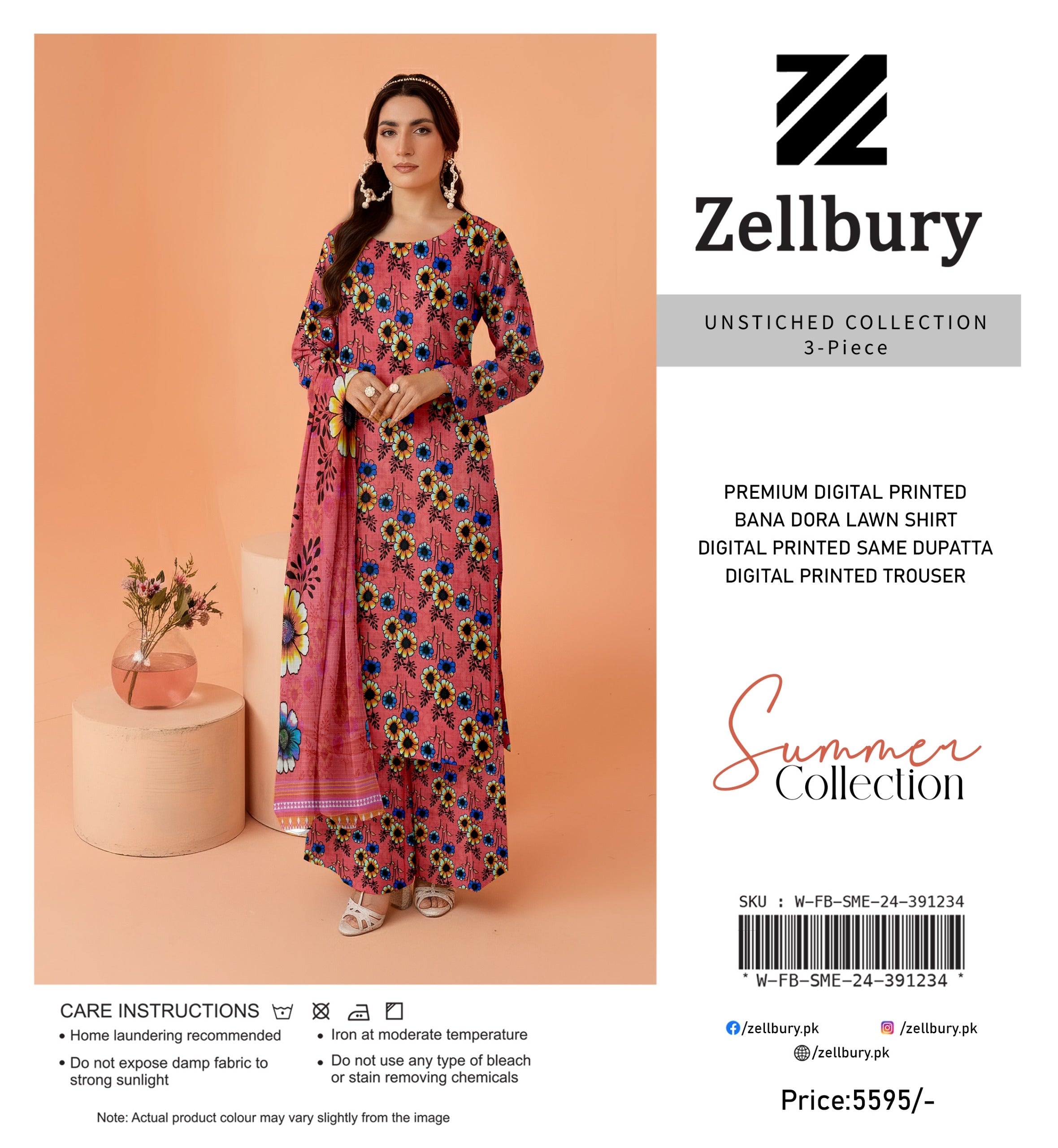 Woman wearing a floral dress with Zellbury branding on a peach background