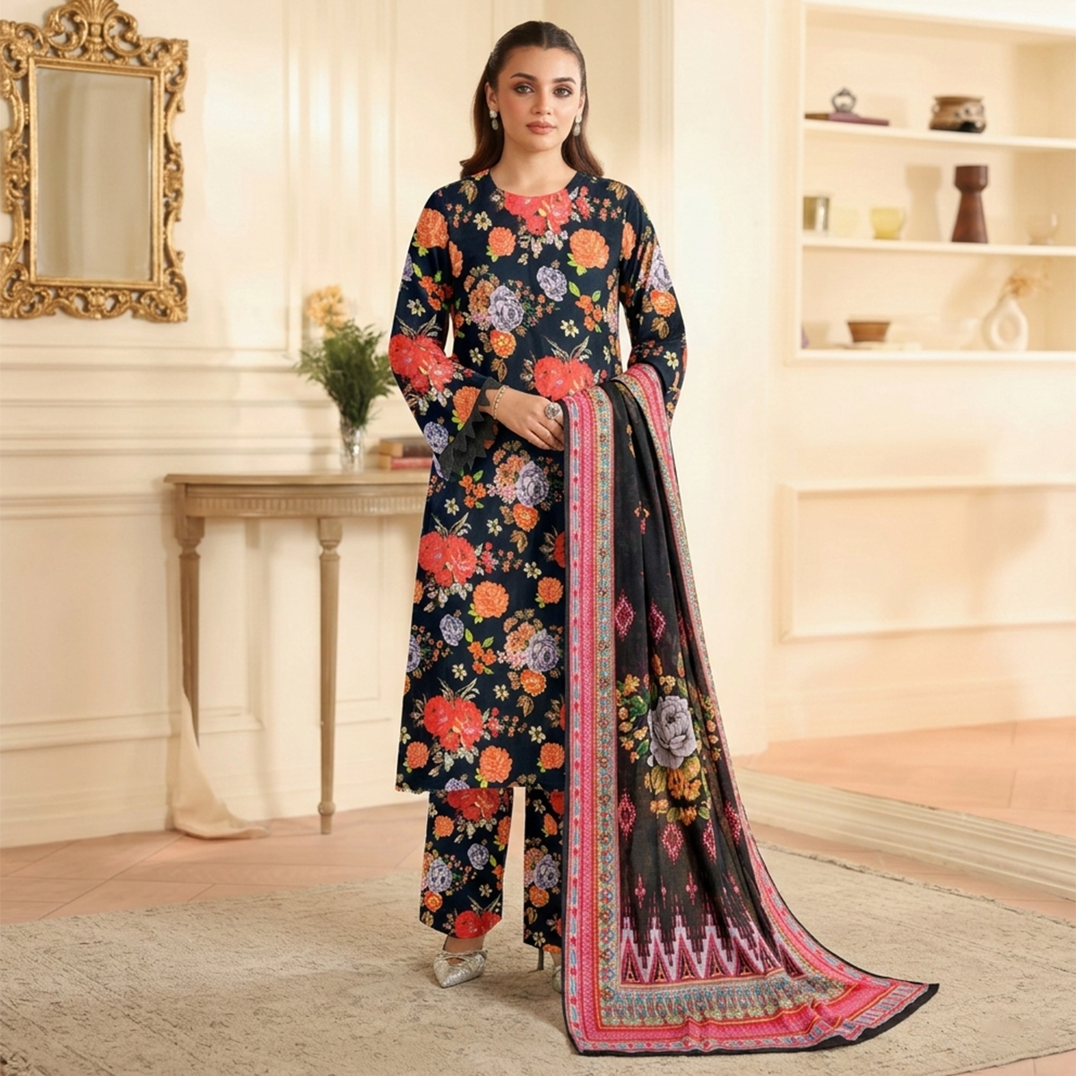Woman wearing a floral dress with a matching dupatta in a decorated room.