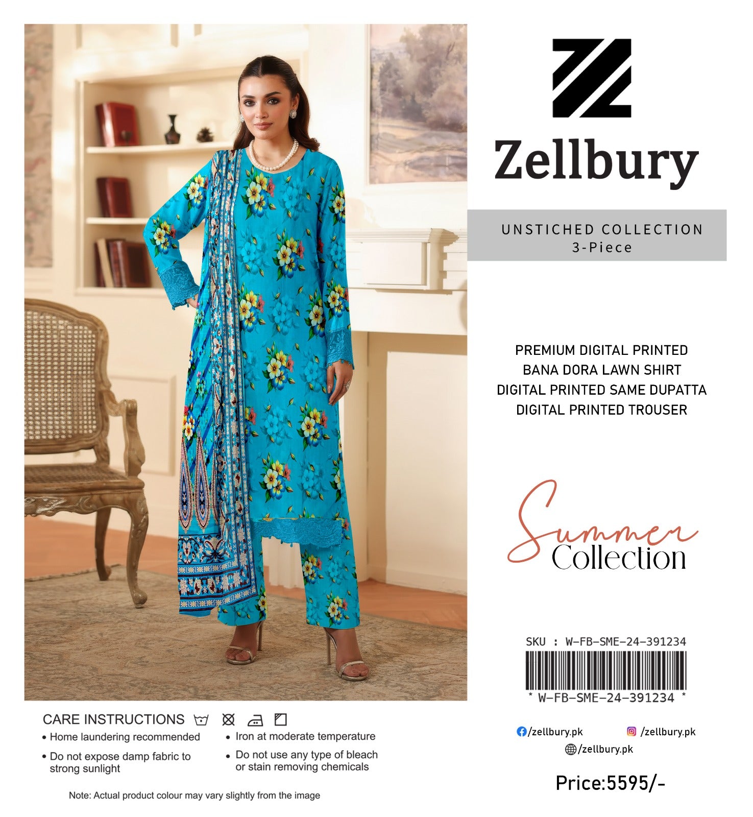 Woman wearing a blue floral outfit with Zellbury branding on a white background